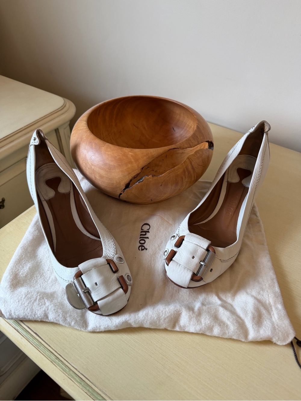 Chloe White Leather Buckle Ballet Flats